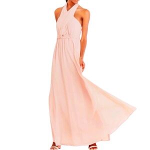 Lulus Pink Blush Criss Cross Halter Neck Empire Waist Long Formal Gown Dress L